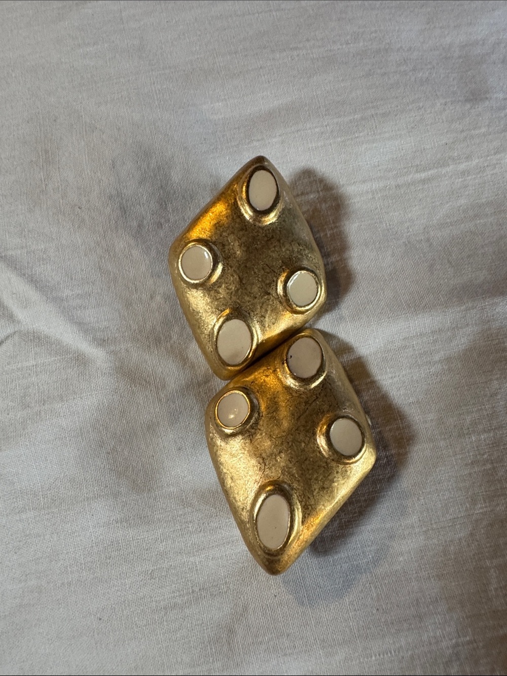 Brushed Gold Tone Geometric Clip-On Earrings with Cream Circle & Oval  Inset